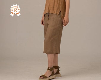 Linen Gaucho Style Pants, Short Relaxed Midi Culottes, Natural Linen Beige Summer Pants, Designer Buttons & Zipper Comfy Pants for Ladies