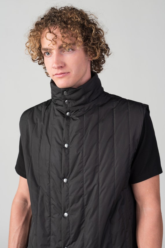 Sleeveless Quilted Men's Vest, Long Black Puffer Vest