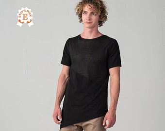 Linen & Cotton Top for Men, Black Asymmetric Tee, Male Cut-Out T-Shirt, Stylish Avantgarde Top, Geometric T-Shirt, Xmas Boyfriend Gift