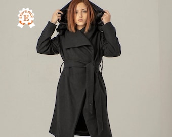 Big Hood Pixie Coat, Woolen Trench Coat, Plus Size Hooded Coat, Belted Wool Elf Jacket, Feminine Tie Hoodie Overcoat, Oversized Elven Coat