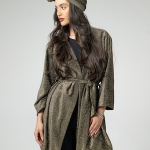 NEW Shiny Golden Kimono Wrap Around Jacket, Japanese-Inspired Sparkling Trench Coat, 1960s Style Style Robe Coat for Summer, Maxi Cardigan