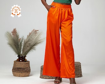 NEW IN STORE Orange Satin Wide Leg Summer Pants, Soft Touch Waistband Pants, Flattering Beach Trousers for Ladies, Evening Cocktail Pants