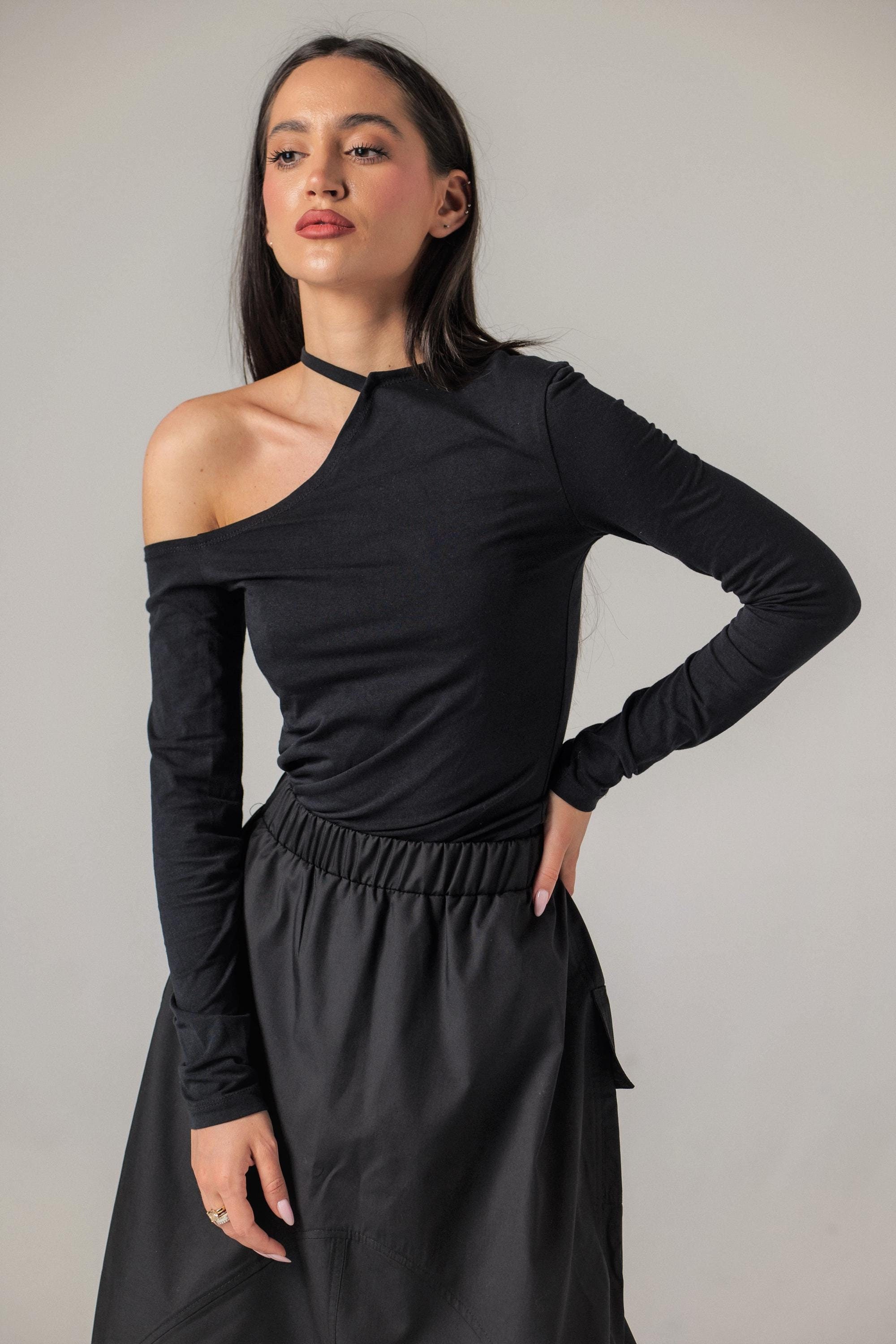 One Shoulder Black Crop Top, Cocktail Party Elegant Tube Top, Festive Occasion Cut Out Top, Gothic Evening Wear Top, Transformable Clothing