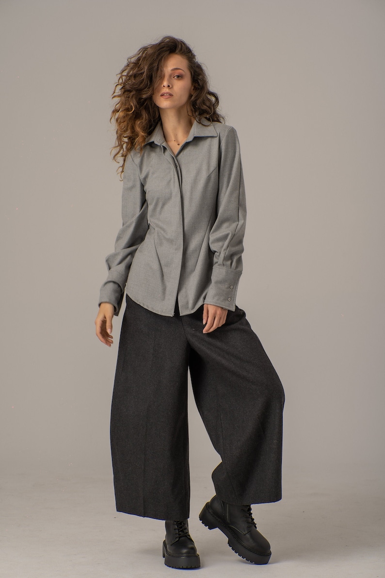 Pantalones de lana de pierna ancha, pantalones de globo holgados, pantalones de estilo japonés, pantalones culottes recortados, pantalones gauchos de invierno, pantalones de pierna de barril de gran tamaño imagen 5