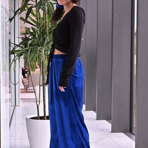 NEW Cobalt Blue Velvet Flared Pants, Wide Leg Palazzo Pants, Comfy Elastic Waist Pants, Loose Fitting Trouser Pants, Chic Minimalist Pants image 2