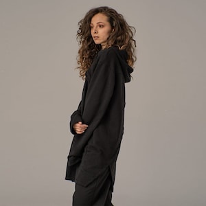 Minimalist Big Hood Hoodie, Long Black Hoodie Sweatshirt, Oversized Gothic Sweater, Large Hoodie with Hood, Asymmetrical Soft Sweatshirt