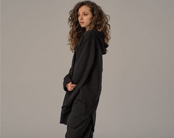 Minimalistische hoodie met grote capuchon, lang zwart sweatshirt met capuchon, oversized gotische trui, grote hoodie met capuchon, asymmetrisch zacht sweatshirt