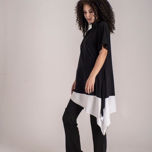 Black & White Asymmetric Tunic Top, One Sleeve Top, Trapeze Silhouette Tunic, Loose Fitting Top, Avantgarde Clothing,Maxi Tunic Dress Summer image 2