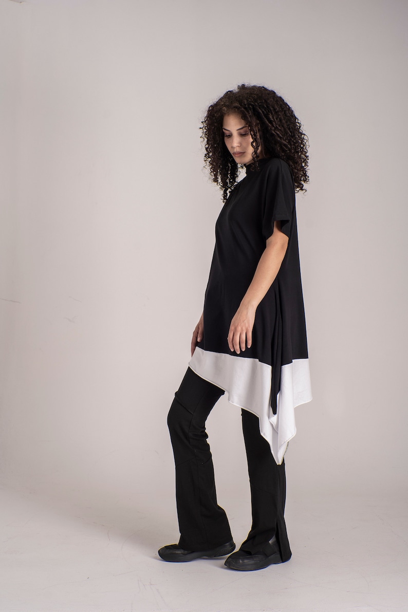 Black & White Asymmetric Tunic Top, One Sleeve Top, Trapeze Silhouette Tunic, Loose Fitting Top, Avantgarde Clothing,Maxi Tunic Dress Summer image 2