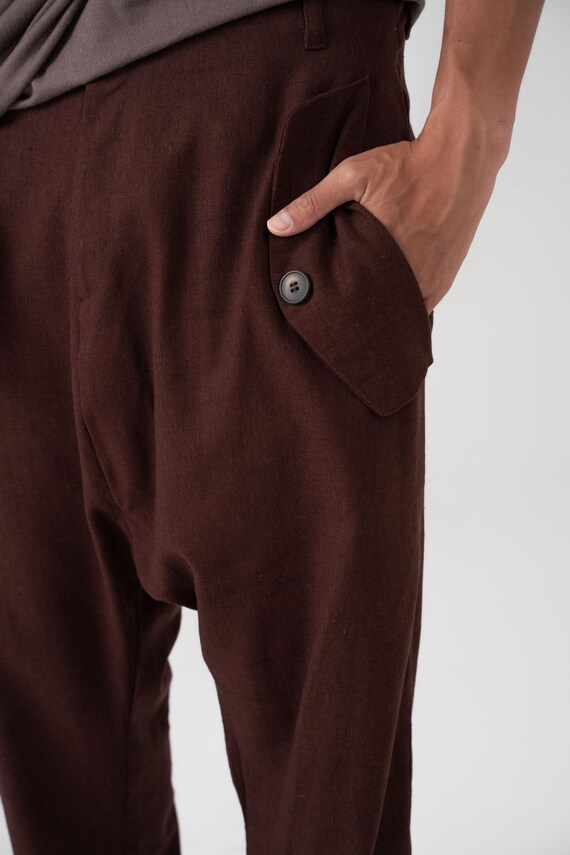 Pantalones de hombre de corte holgado en color marron chocolate nuevos de lino y algodon con entrepierna caida pantalones largos de verano con bolsillos pantalones casuales holgados Etsy Mexico