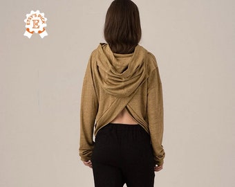 Unique Hooded Linen Sweatshirt with Wrap Around Effect at the Back, Asymmetric Extravagant Hoodie, Open Back Festival Top, Petite Clothing