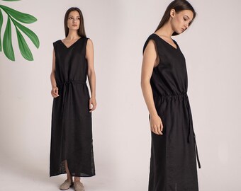 Maxi Linen Summer Dress, Gathered Waist Ties Dress, Elegant Loose Linen Evening Dress, Lightweight Tank Dress, Beach Wedding Guest Dress