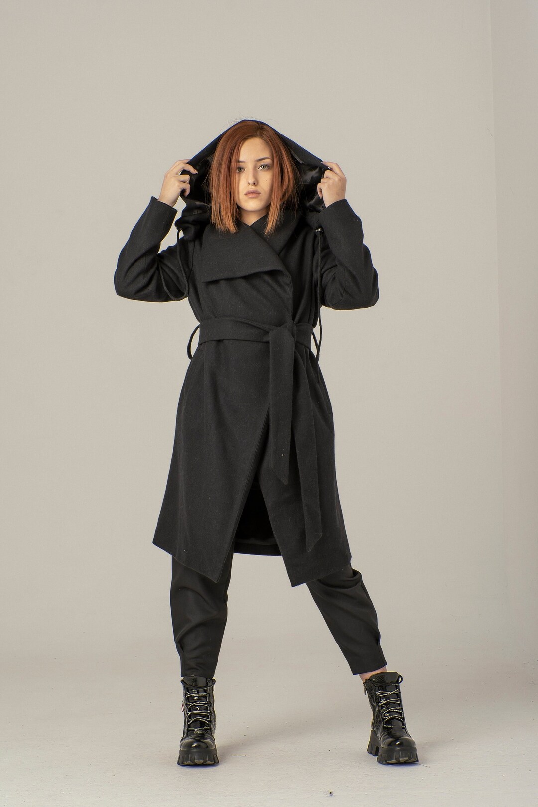 Big Hood Pixie Coat, Woolen Trench Coat, Plus Size Hooded Coat, Belted