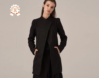 Asymmetric Wool Coat, Black Winter Stand Collar Coat, Midi Victorian Coat, Structured Fitted Jacket, Cyberpunk Fit and Flare Overcoat