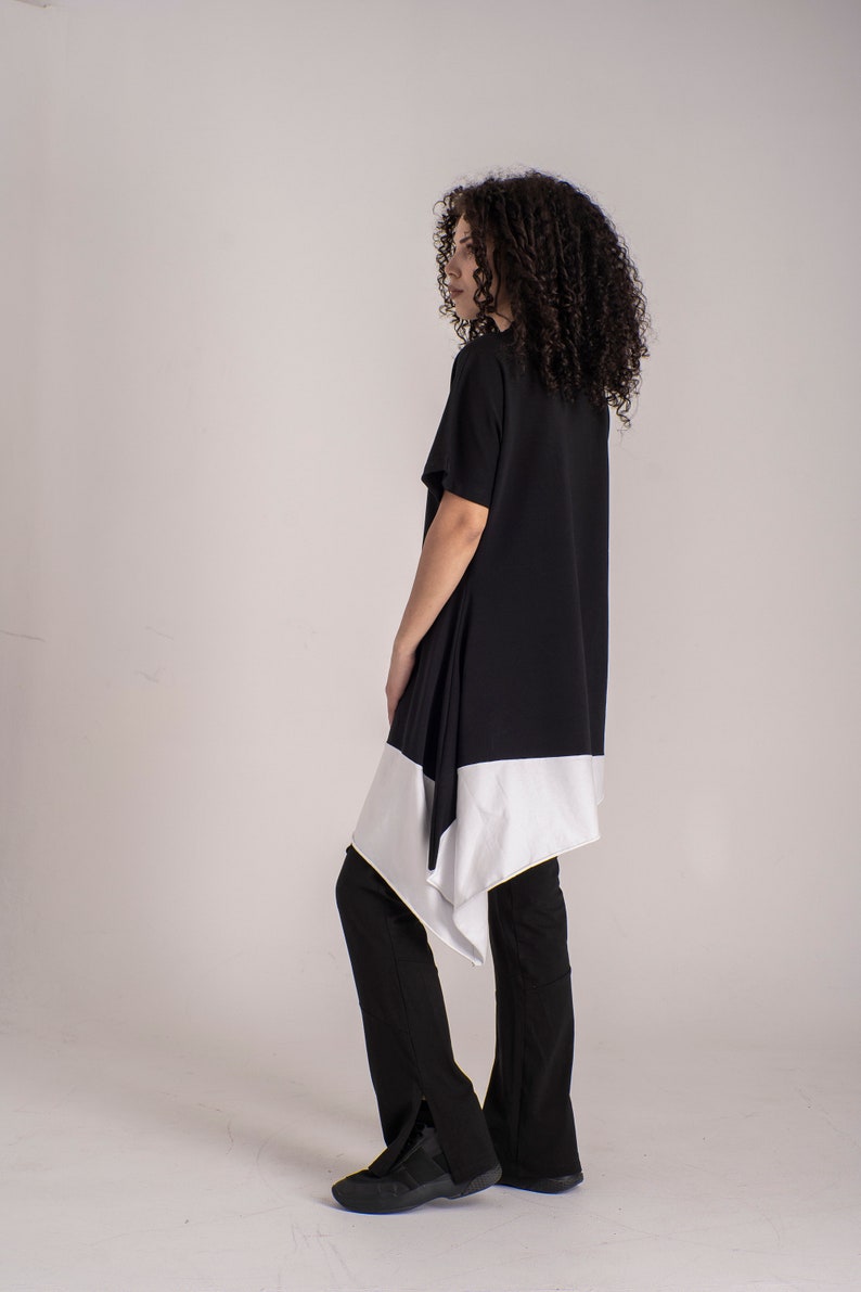 Black & White Asymmetric Tunic Top, One Sleeve Top, Trapeze Silhouette Tunic, Loose Fitting Top, Avantgarde Clothing,Maxi Tunic Dress Summer image 6