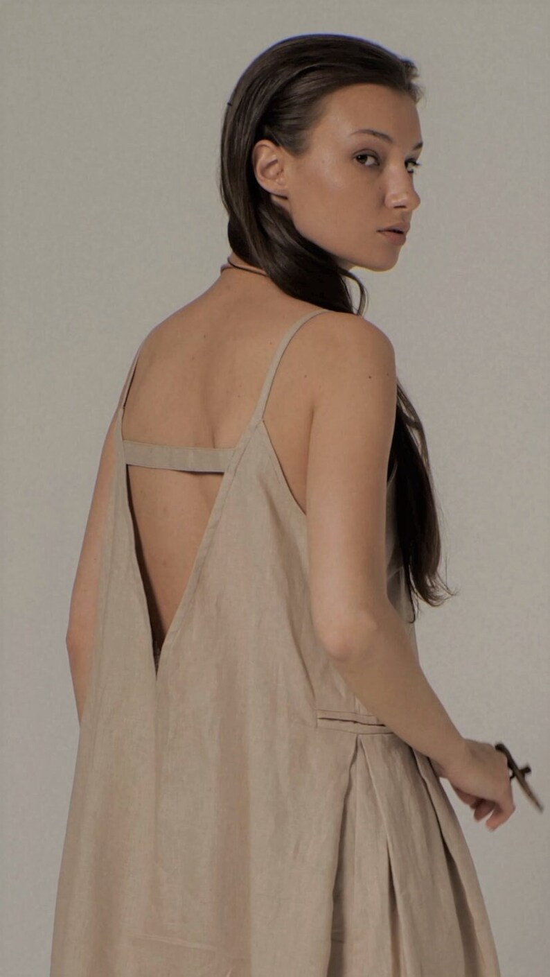Spaghetti Straps Kaftan Dress, Deep Back Summer Sandbeige Linen Maxi