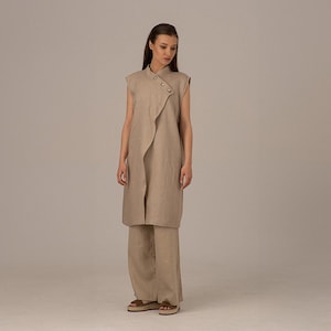 Natural Linen Tunic Vest with Asymmetric Buttons, Semi-High Collar Tunic Dress, Classy Linen Sleeveless Summer Jacket Top, Formal Tunic