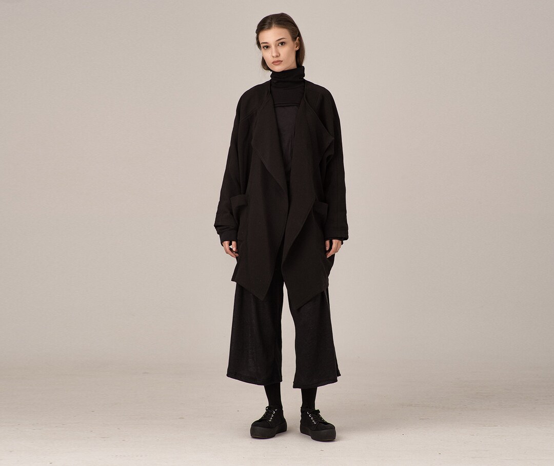 Japanese Minimalist Fashion Jacket, Cotton Kimono Coat, Modern Black