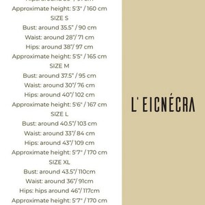 May include: Size chart for clothing with measurements in inches and centimetres. Sizes include XS, S, M, L, XL, and XXL. Approximate height is also listed for each size.