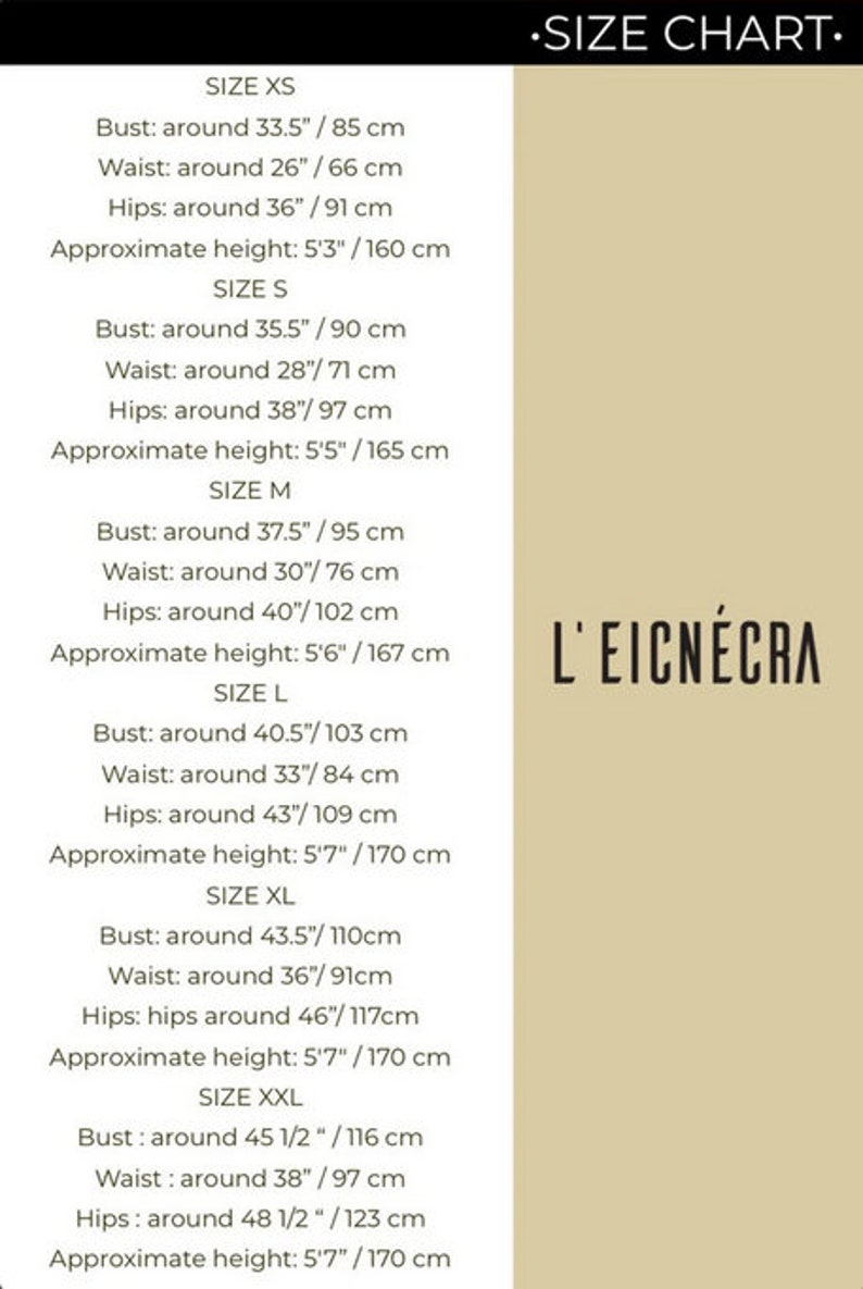 May include: Size chart for clothing with measurements in inches and centimetres. Sizes include XS, S, M, L, XL, and XXL. Approximate height is also listed for each size.
