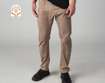 NEW Beige Round Drop Crotch Cotton Men Pants, Casual Relaxed Fit Pants, Structured Tapered Maxi Pants for Him, Christmas Boyfriend Gift