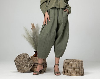Military Green Cotton Culottes, Japanese Style Baggy Pants, Summer Gaucho Trousers