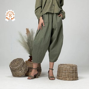 Structured Culottes Trousers for Summer, Military Green Cotton Ladies Pants, Japanese Inspired Baggy Gathered Pants, Army Style Gaucho Pants