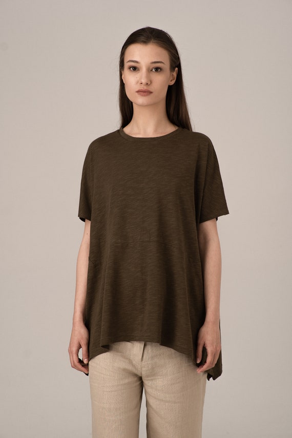Asymmetrical Top, Casual Tee Blouse, A-Line Cotton Tunic, Plus Size Top, Flowy Tunic, Summer Poncho Women, Soft Tee Top, Cotton Blouse