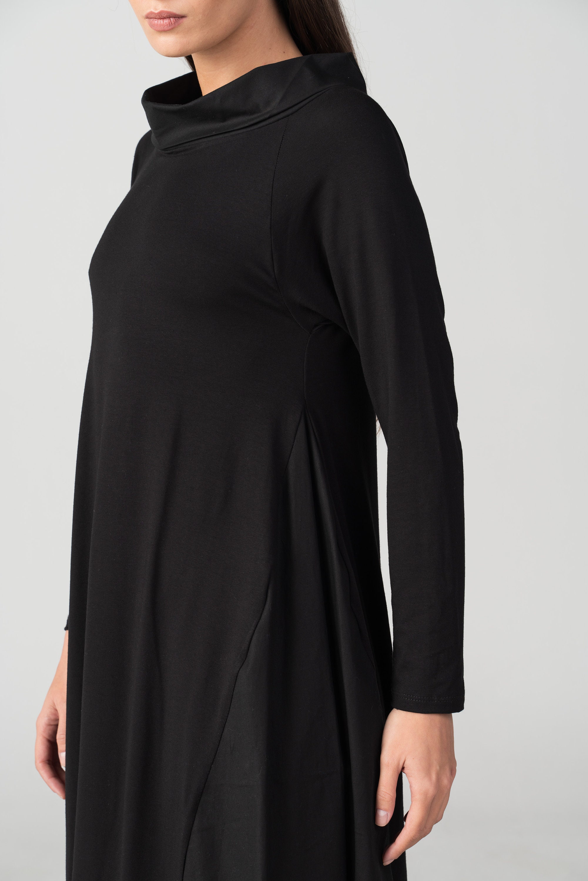 Structured Tunic Tunic Dress With Wide High Neck, Comfy Maxi Black Dress, Structured ...