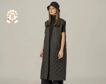 Long Puffer Vest, Maxi Sleeveless Down Coat, Quilted Puffer Jacket, Minimal Clothing, Black Chunky Button Down Vest, Longline Quilted Vest