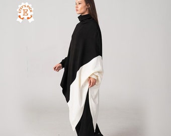 Black And White Asymmetric Knitted Bolero, Oversized Funnel Neck Pullover, Woolen Winter Tunic Dress, Pullover Poncho Sweater, Blanket Top