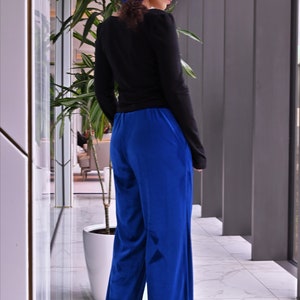 NEW Cobalt Blue Velvet Flared Pants, Wide Leg Palazzo Pants, Comfy Elastic Waist Pants, Loose Fitting Trouser Pants, Chic Minimalist Pants image 6