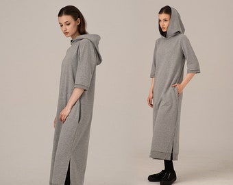 Hooded Maxi Tunic Dress, Cotton Kaftan Dress, Modern Minimalist Dress, Hoodie Sweatshirt Dress, H-Line Silhouette Dress, Long Gray Tunic