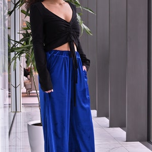 NEW Cobalt Blue Velvet Flared Pants, Wide Leg Palazzo Pants, Comfy Elastic Waist Pants, Loose Fitting Trouser Pants, Chic Minimalist Pants image 3