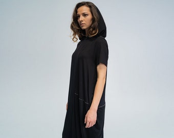 Jurk met capuchon, gotische kleding, zwarte jurk vrouwen, jurk plus size, jurk vrouw met capuchon, katoenen jurk, gotische jurk, asymmetrische jurk, hoodie