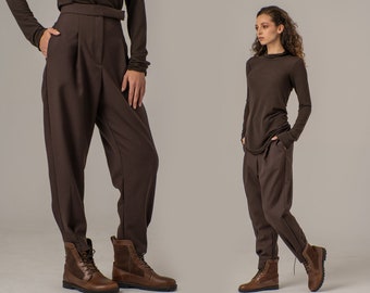 Wool Harem Pants, Drop Crotch Trousers, Minimalist High Waisted Pants, Baggy Tapered Pants, Elegant Aesthetic Pants, Winter Pleated Pants