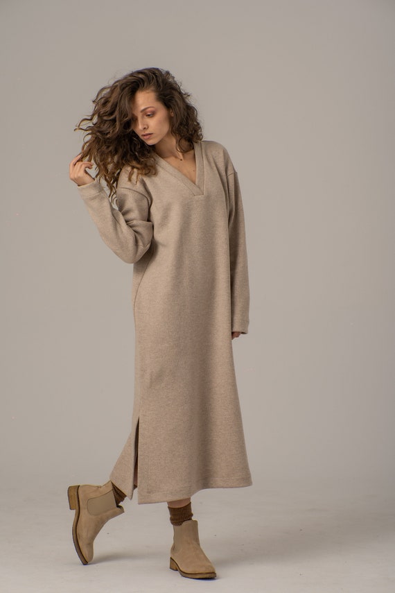 long baggy sweater dress UAMVSH Oversized Sweater Dress for Women Fall V Neck Long Sleeve Ribbed Long Sweaters Knitted Casual Loose Fit Pullover Tops Fashion Outfits(Medium,Khaki)