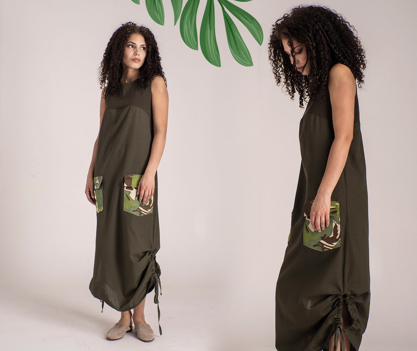 Adjustable Long Dress With Ties & Military Style Pockets - Bubble Shape Dress, Linen Summer Kaftan Abaya Women, Casual Streetwear