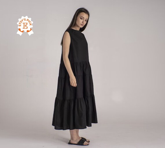 Buy Black Smock Dress for Summer Nights - Bohemian Outfit Dress, Long  Tiered Dress, Trapeze Shape Dress, Maxi Sun Dress,extravagant Modest Dress  Online in India - Etsy