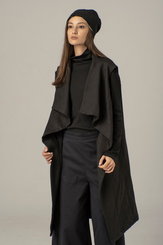 Draped Asymmetric Big Collar Wool Vest Black Sleeveless Long Coat Waterfall Cardigan Jacket Open Front Winter Vest Woolen Goth Vest Etsy Australia