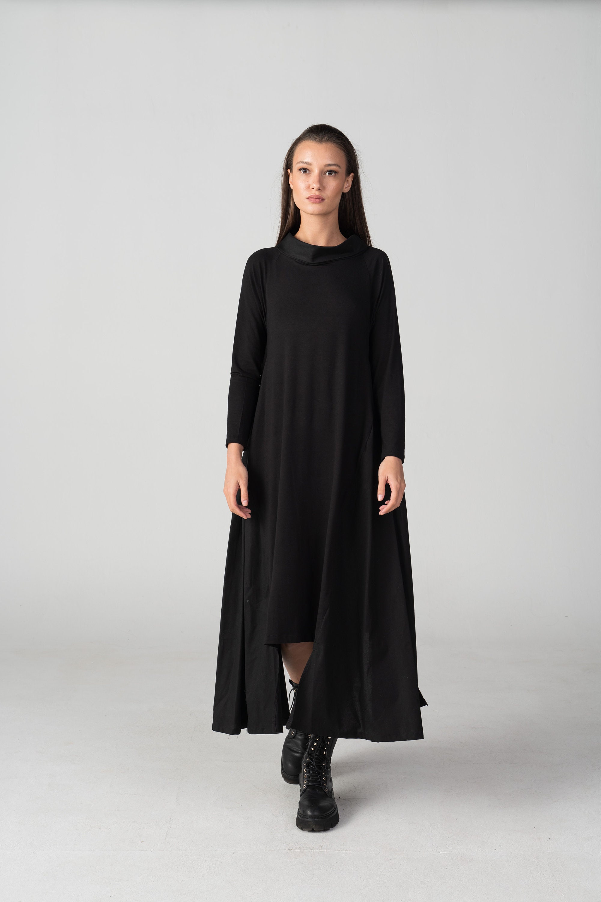 Tunic Dress With Wide High Neck, Comfy Maxi Black Dress