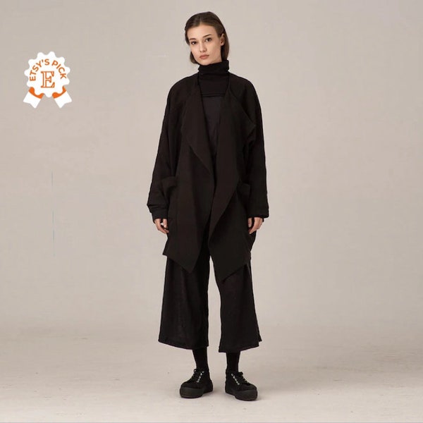 Veste tendance minimaliste japonaise, manteau kimono en coton, manteau léger noir moderne, manteau kimono de style vintage, veste blazer de créateur