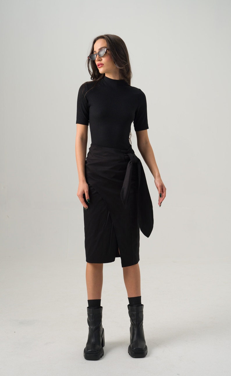 Midi Wrap Skirt, Black Goth Winter Skirt, Cotton Clothing for Ladies, Soft Midi Fitted Skirt, Split Cotton Skirt, Elegant Pencil Skirt image 8