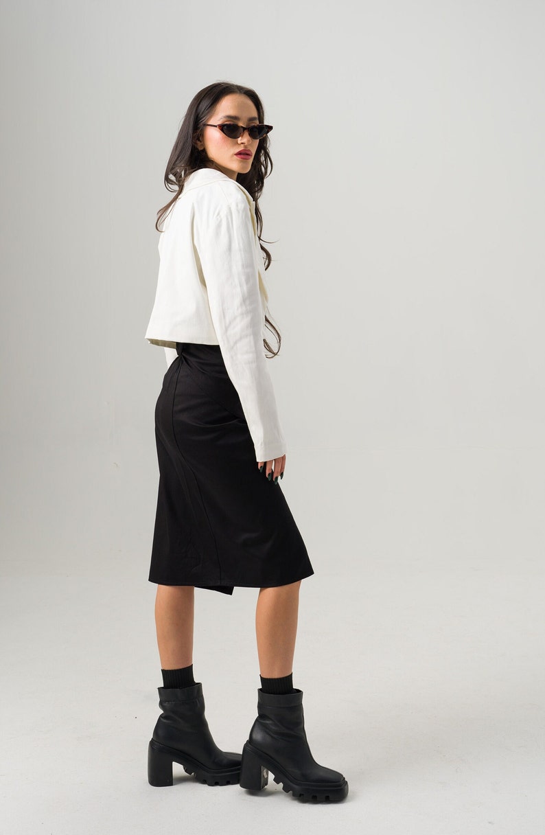 Midi Wrap Skirt, Black Goth Winter Skirt, Cotton Clothing for Ladies, Soft Midi Fitted Skirt, Split Cotton Skirt, Elegant Pencil Skirt image 3