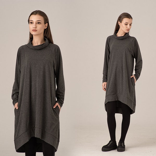 Grey Asymmetric Top, Turtleneck Tunic Top, Long Sleeve Tunic Top, Tunic Dress Women, Plus Size Clothing, Cotton Dress, Soft Loose Dress