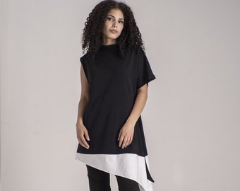 Black & White Asymmetric Tunic Top, One Sleeve Top, Trapeze Silhouette Tunic, Loose Fitting Top, Avantgarde Clothing,Maxi Tunic Dress Summer