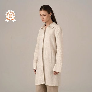 Japanese Inspired Linen Collared Tunic Shirt, Classy Summer Ivory-Colored Maxi Blouse, Lightweight Jacket Shirt, Designer-Made Linen Shirt