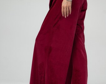 Velvet Wide Leg Pants for Women, High Waisted Palazzo Trousers with Elastic Waist and Pockets