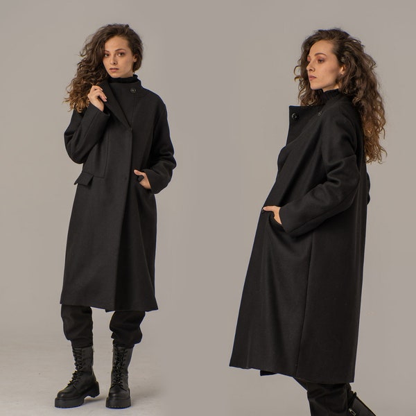 Manteau en laine noire minimaliste, pardessus ample d’hiver long, manteau élégant de taille plus, manteau maxi à col debout surdimensionné, manteau de style vintage