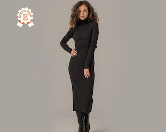 Fine-Knit Maxi Sweater Dress, Ribbed Pencil Dress, Long Black Turtleneck Bodycon Dress, Tight Fitted Dress, Elegant Evening 80s Style Dress